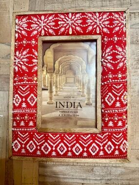 Red Embroidered Photo Frame with Wooden Inner and Outer Border